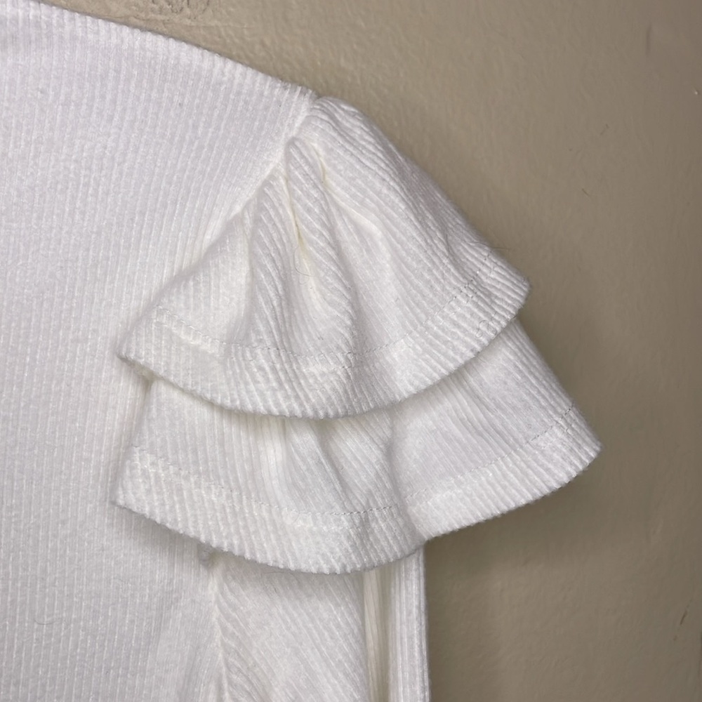 PENELOPE ROSE Top Cream Soft Ribbed Mock Neck Double Ruffle Shoulder Accent Sm - Picture 3 of 10